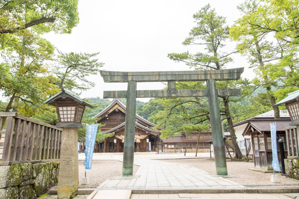 出雲大社の写真。鳥居の奥に社殿がある。